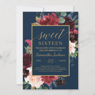 Invitation Sweet sixteen boho marine bordeaux floral