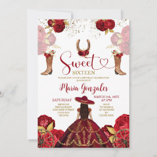 Invitation Sweet sixteen Bourgogne & Fleur rouge fête d'anniv