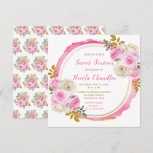 Invitation Sweet sixteen brillant rose et or Fleurs élégantes