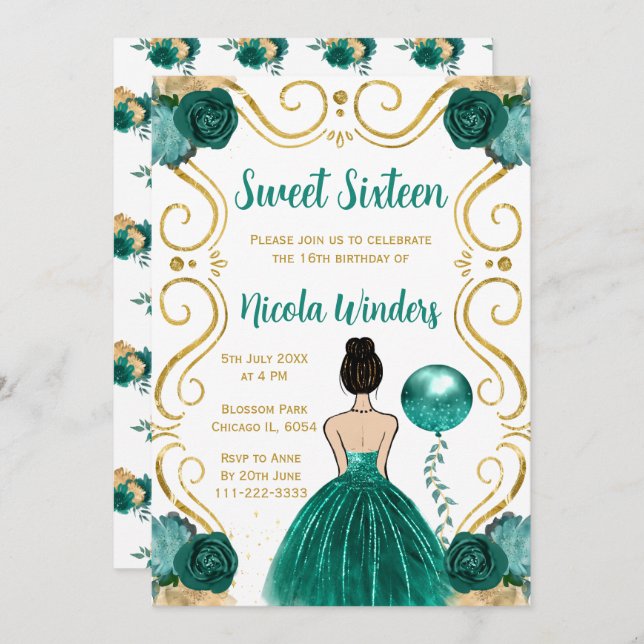 Invitation Sweet sixteen Brown Hair Princesse en Turquoise (Devant / Derrière)