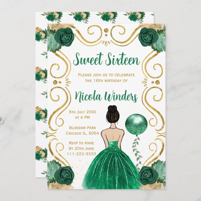 Invitation Sweet sixteen Brown princesse en vert (Devant / Derrière)