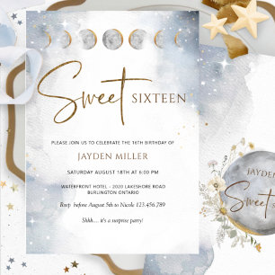 Invitation Sweet sixteen céleste argenté et or élégant