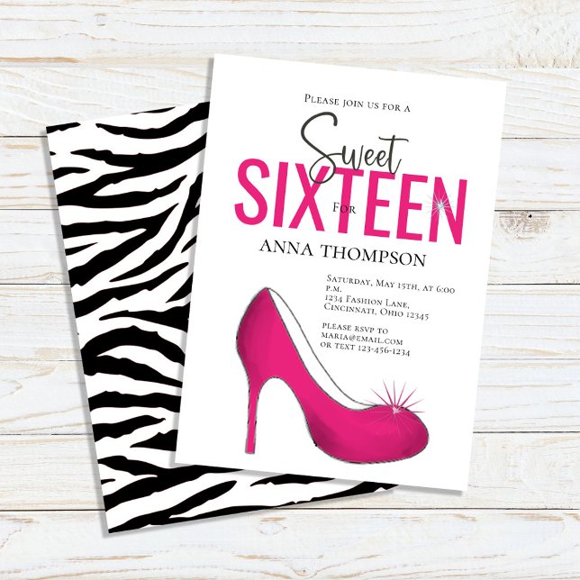 Invitation Sweet sixteen Chaussures rose fête d'anniversaire (Sweet 16 custom invitations with pink-colored high-heeled shoes. )