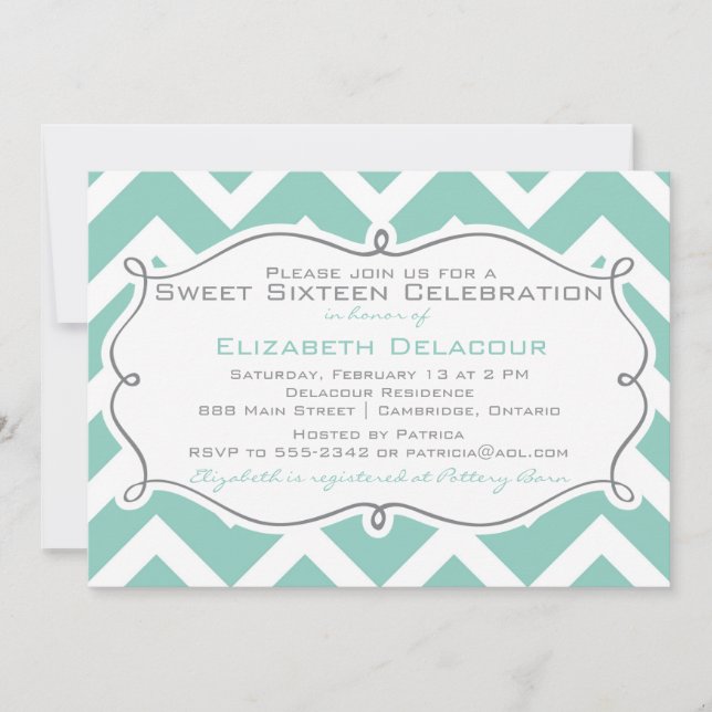 Invitation Sweet sixteen Chevron blanc et bleu (Devant)