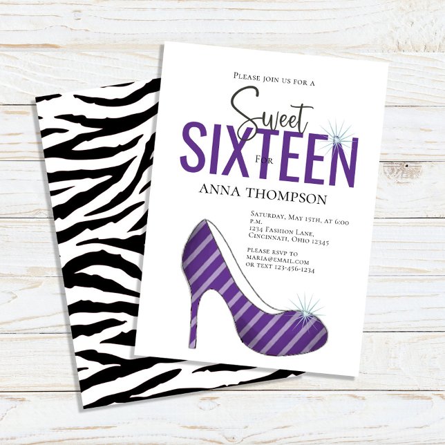 Invitation Sweet sixteen Chic Fête d'Anniversaire (Sweet 16 custom invitations with purple-colored high-heeled shoes. )
