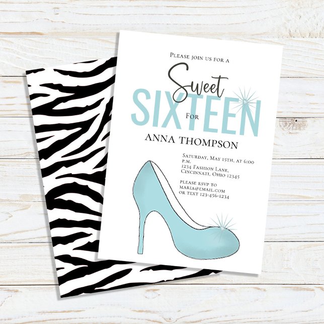 Invitation Sweet sixteen Chic Fête d'anniversaire fille (Sweet 16 custom invitations with teal-colored high-heeled shoes. )