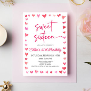 Invitation Sweet sixteen Coeurs rouges roses 16e fête d'anniv