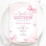 Invitation Sweet sixteen Coquette Pink Bows Pearls<br><div class="desc">Invitation à la fête du Sweet sixteen des coquettes roses et perles. Caractéristiques tendance script coeur police rose arc et perles. Parfait pour une élégante fête de princesse glam Sweet 16 anniversaire. Personnalisez avec vos propres détails. Invitations Zazzle imprimées ou téléchargement instantané modèle imprimable numérique.</div>