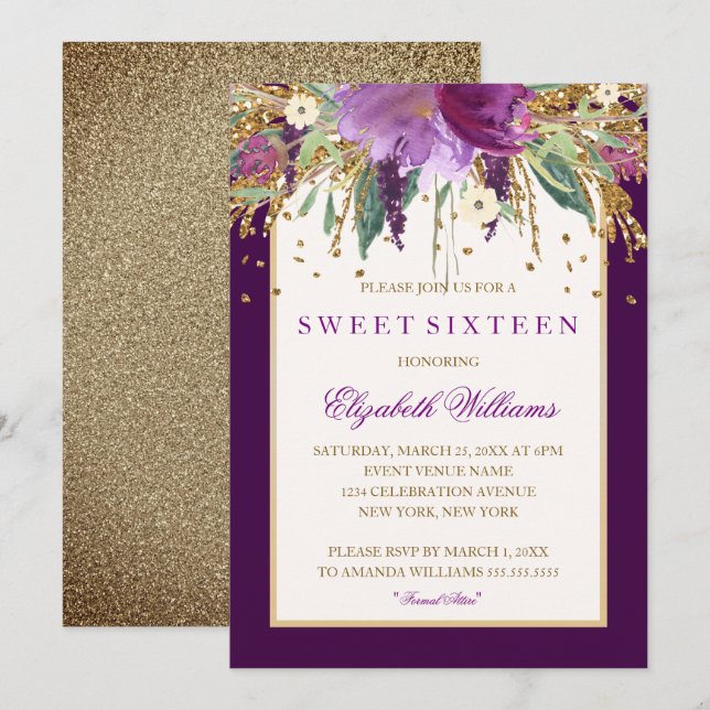 Invitation Sweet sixteen d'Améthyste Floral Violet (Devant / Derrière)