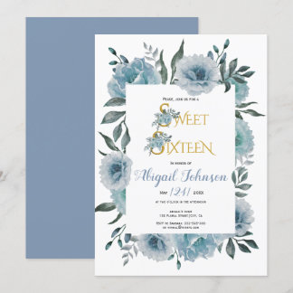 Invitation Sweet sixteen d'anniversaire des fleurs bleu foncé