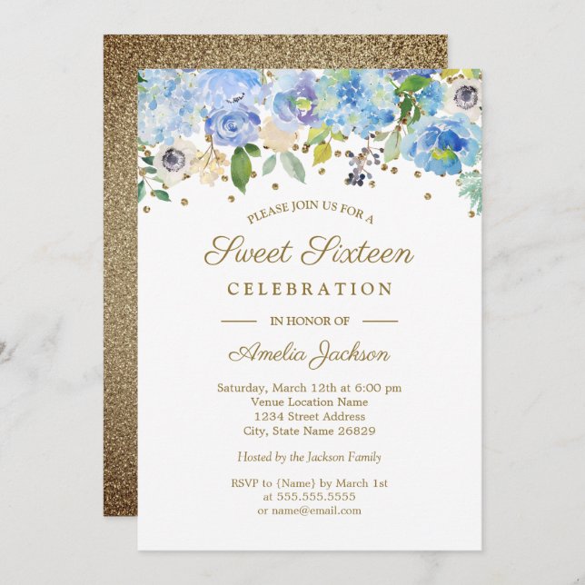 Invitation Sweet sixteen d'aquarelle bleu or Floral Invitatio (Devant / Derrière)