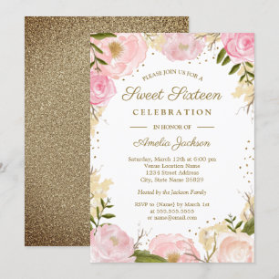 Invitation Sweet sixteen d'aquarelle couleur or rose