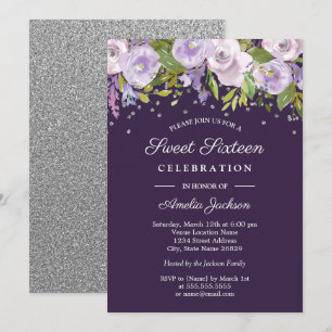 Invitation Sweet sixteen d'aquarelle florale d'argent pourpre