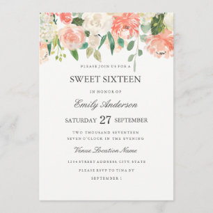 Invitation Sweet sixteen d'aquarelle florale de pê