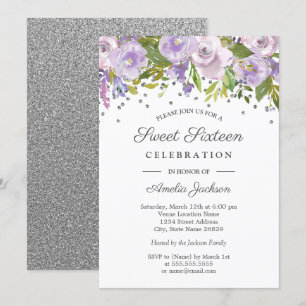 Invitation Sweet sixteen d'aquarelle florale violet argenté