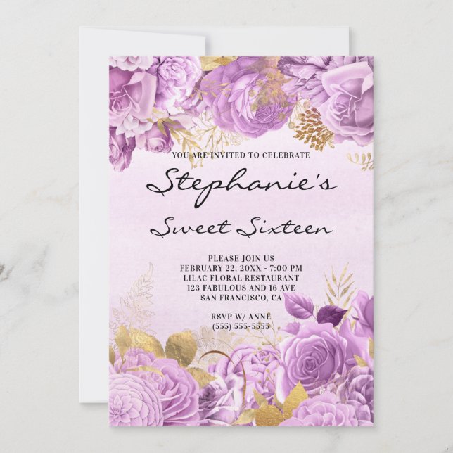 Invitation Sweet sixteen d'aquarelle or et Lilac Floral (Devant)