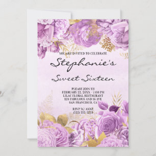 Invitation Sweet sixteen d'aquarelle or et Lilac Floral