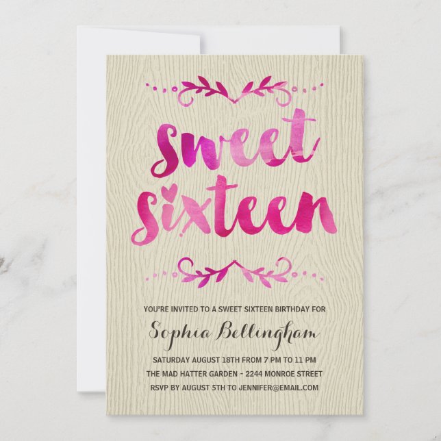 Invitation Sweet sixteen d'aquarelle rose (Devant)