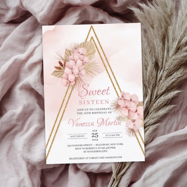 Invitation Sweet sixteen d'arc doré à orchidées blanches de p (Dried Palm Blush Orchid Gold Arch Sweet Sixteen Invitation)