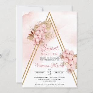 Invitation Sweet sixteen d'arc doré à orchidées blanches de p