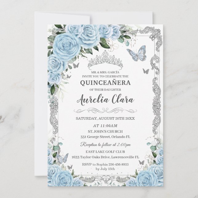 Invitation Sweet sixteen d'argent bleu ciel Floral QUINCEAÑER (Devant)