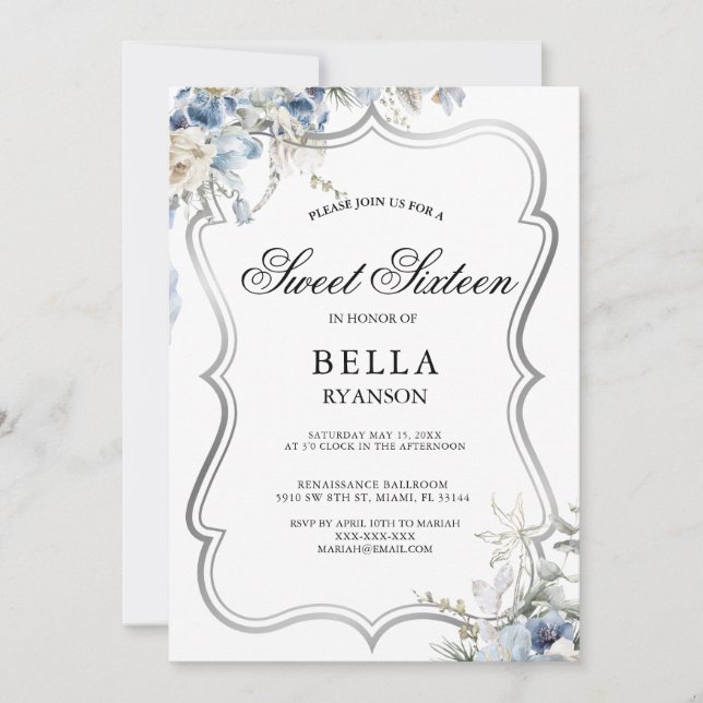 Invitation Sweet sixteen d'argent Floral bleu mode (Devant)