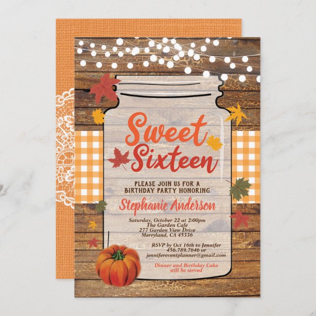 Invitation sweet sixteen d'automne 16 bocal de mason de bois  (Devant / Derrière)