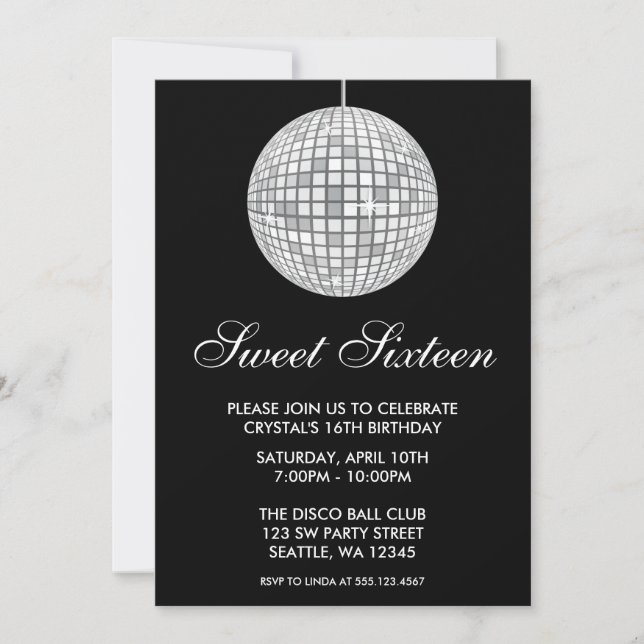 Invitation Sweet sixteen de boule en argent et en noir Disco (Devant)