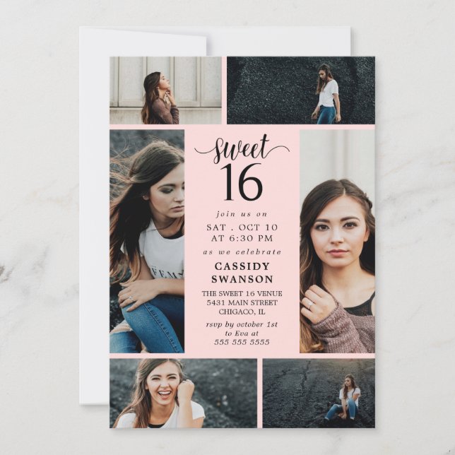 Invitation Sweet sixteen de collage de photos en rose vif (Devant)