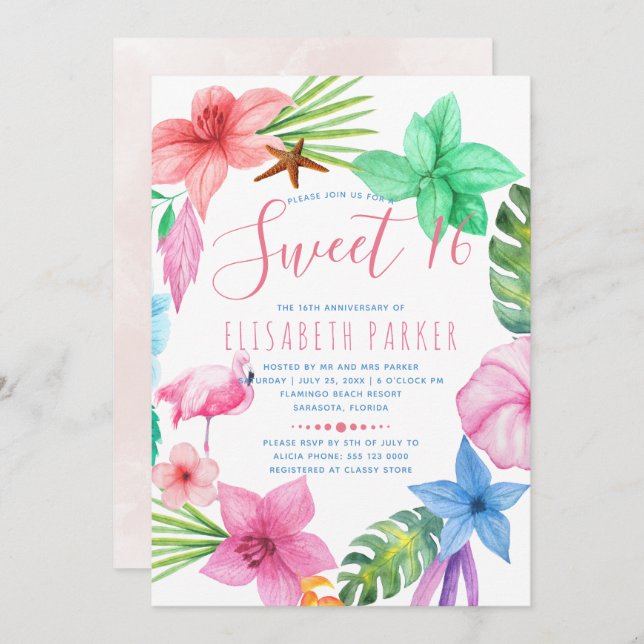 Invitation Sweet sixteen de couronne de fleurs rose tropicale (Devant / Derrière)