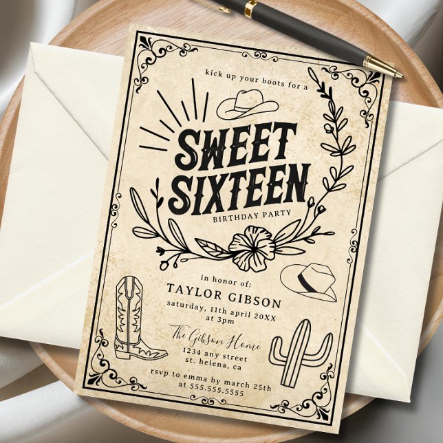 Invitation Sweet sixteen de cowgirl occidentale beige rustiqu (Rustic cowgirl Sweet Sixteen birthday invitation with western design.)