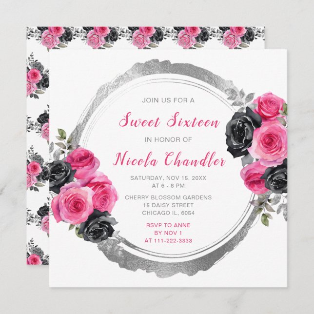 Invitation Sweet sixteen de Fleurs Élégantes Rose et Argent C (Devant / Derrière)