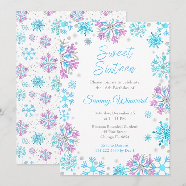 Invitation Sweet sixteen de flocons de neige violet et bleu (Devant / Derrière)