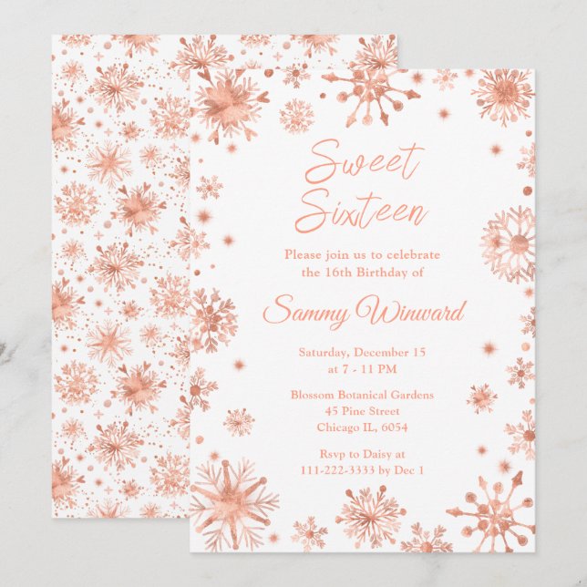 Invitation Sweet sixteen de flocons d'or rose (Devant / Derrière)
