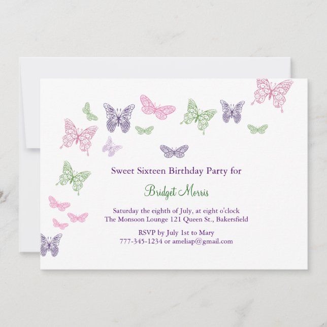 Invitation Sweet sixteen de flottement de papillons (Devant)