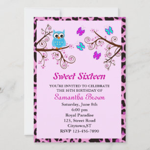 Invitation Sweet sixteen de hibou et papillons