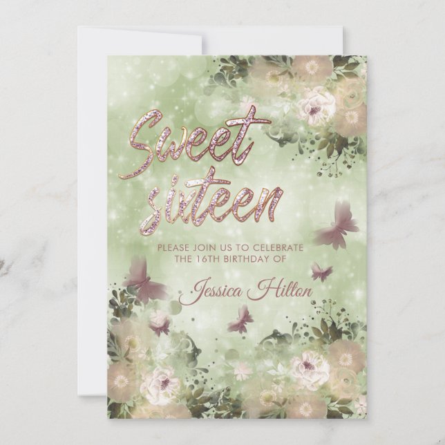 Invitation Sweet sixteen de jardin fleuri aux papillons (Devant)