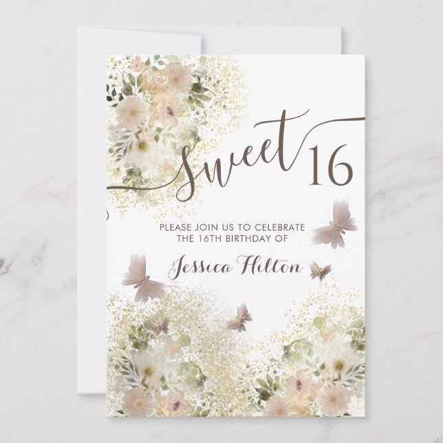 Invitation Sweet sixteen de jardin fleuri aux papillons (Devant)