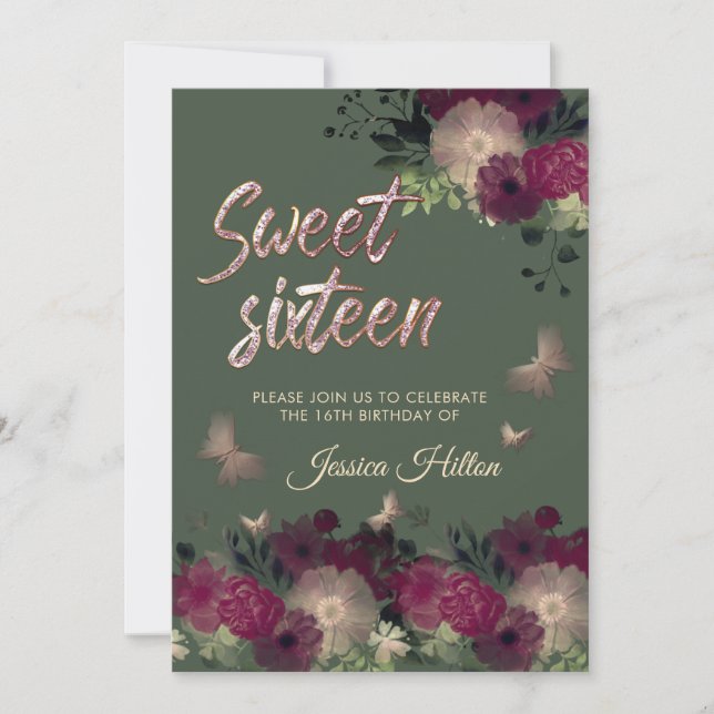Invitation Sweet sixteen de jardin fleuri aux papillons (Devant)