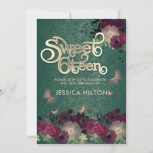 Invitation Sweet sixteen de jardin fleuri papillon vert