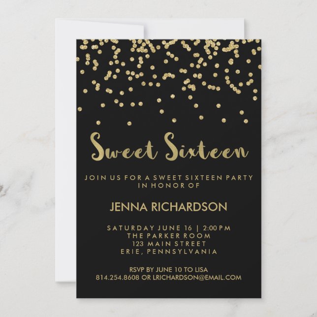 Invitation Sweet sixteen de la Confetti d'or en noir (Devant)
