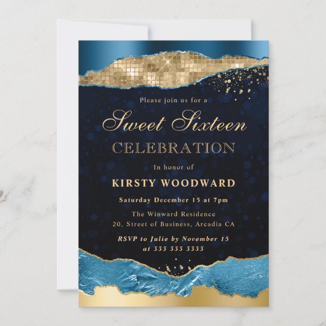 Invitation Sweet sixteen de lances de glam bleu et or (Devant)