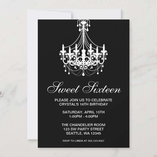 Invitation Sweet sixteen de lustre noir et blanc (Devant)