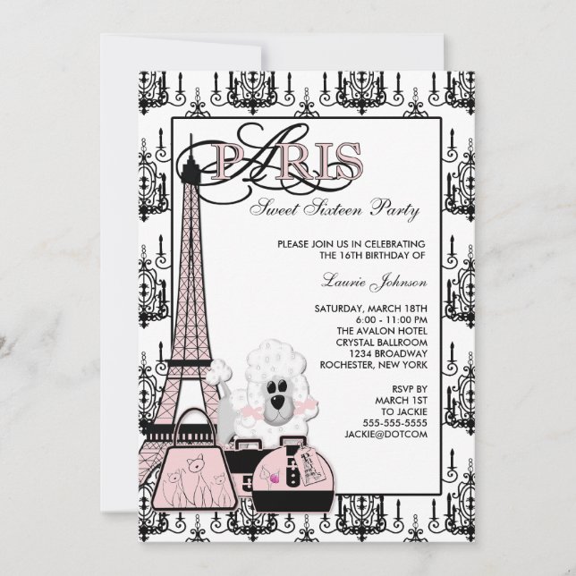Invitation Sweet sixteen de lustre rose Paris (Devant)