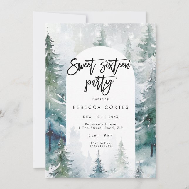 Invitation Sweet sixteen de neige d'hiver 16e anniversaire (Devant)