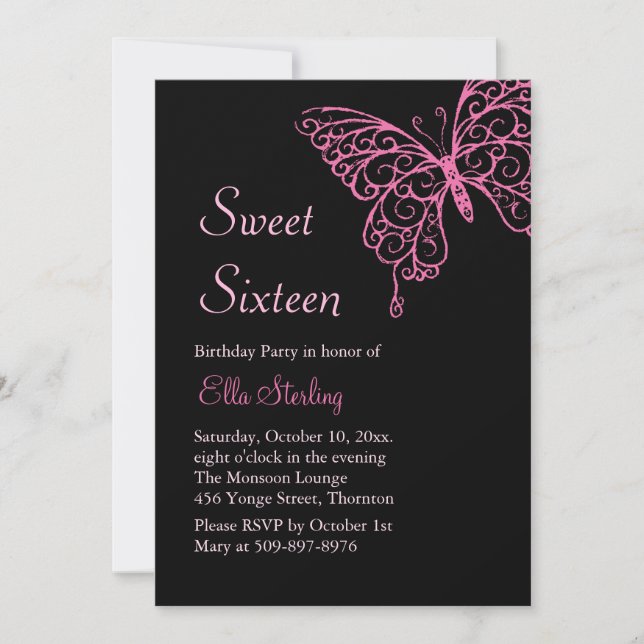 Invitation Sweet sixteen de papillons farceurs roses sur le n (Devant)