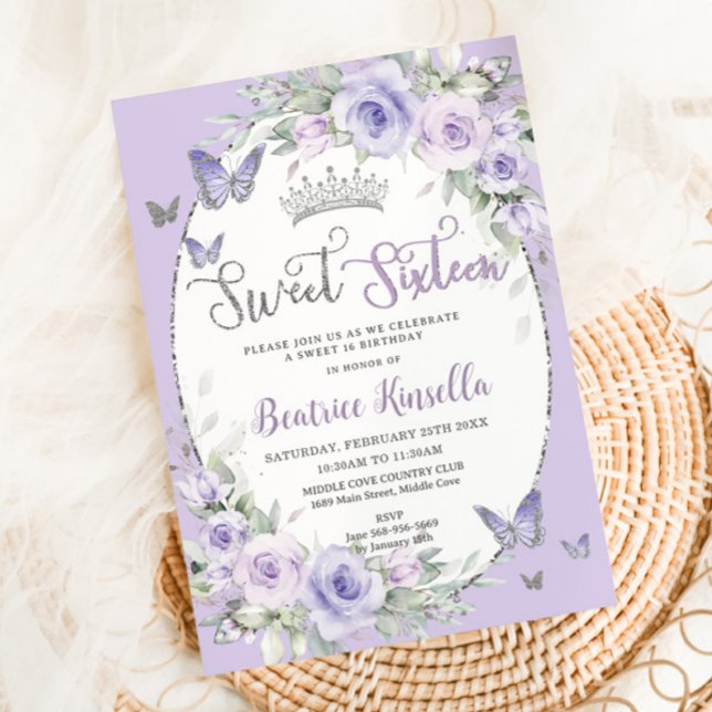 Invitation Sweet sixteen de papillons floraux violets de lava (Créateur téléchargé)