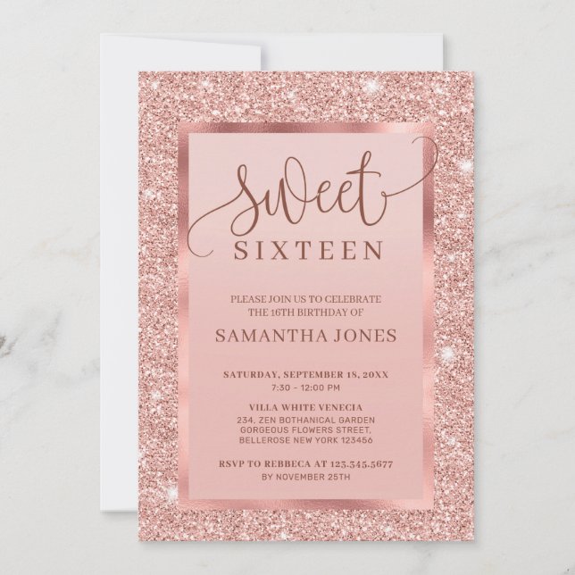 Invitation Sweet sixteen de parties scintillant en or rose br (Devant)