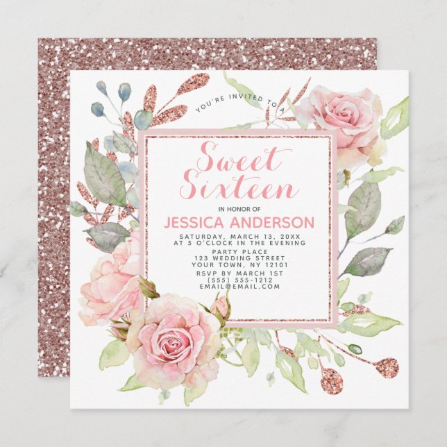 Invitation Sweet sixteen de Parties scintillant rose rose or (Devant / Derrière)