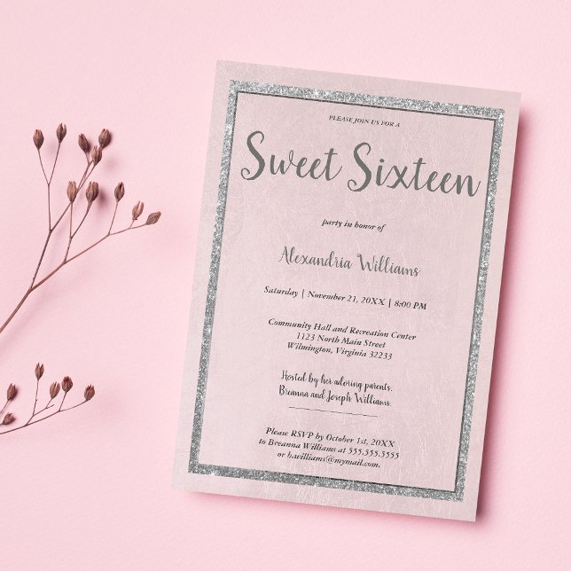 Invitation Sweet sixteen de parties scintillant rose rose ros (Blush pink rose gold silver glitter Sweet Sixteen)